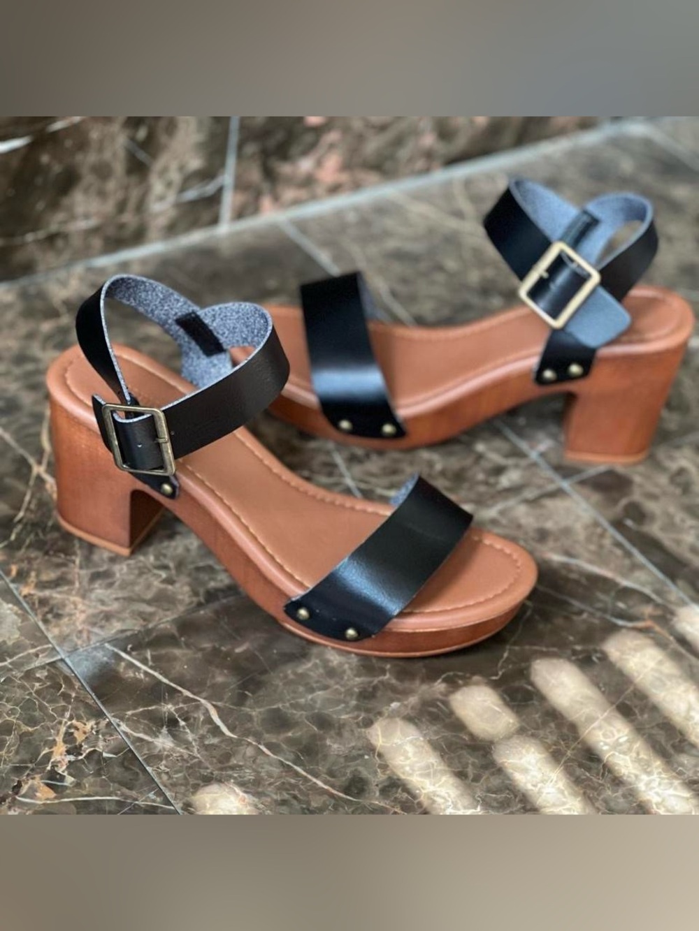 Black Platform Block Heel Sandals | Y2K Boho Wooden Heel